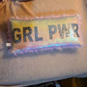 Rectangle throw pillow that says girl power with reversible sequence.